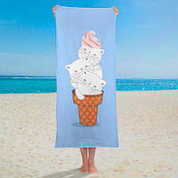 Полотенце пляжное большое с принтом Мороженое и котики, 150х70 см