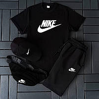 Спортивный летний костюм Nike черный мужской , Комплект Найк на лето 4в1 Футболка + Шорты +Бейсболка и Бананка