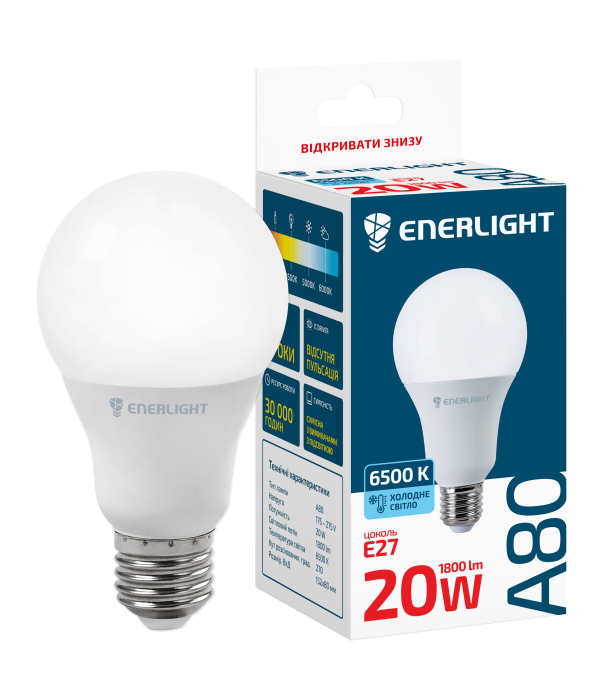 LED лампа світлодіодна ENERLIGHT A80 20W 6500K E27 (холодне біле світло)