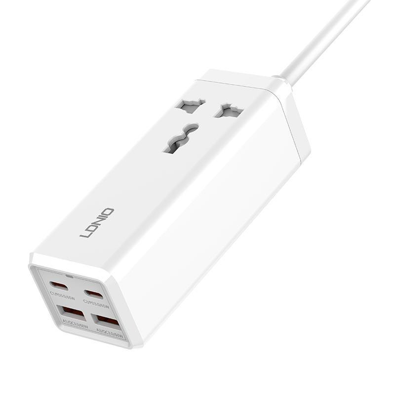Подовжувач 2 метри 2USB + 2Type-C + 1 розетка QC Ldnio SC1418 White, фото 1