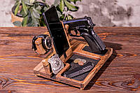 Подставка-органайзер для телефона / часов / пистолета из натурального дерева орех на подарок капитану полиции