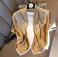 Косынка шелковая платок в полоску на шею на сумку женский атласный шаль с принтом шелк-армани Бежевый