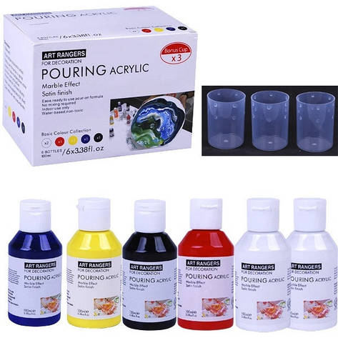 Фарба акрилова 6 цв.BasicsNoPMA06100R-1 Рідкий акрил (100 мл. 2бел,1красн,1желт,1син,1черн ), фото 1