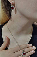 Оригинальний подарунок дівчині - набір "Сердечки Рубін у сріблі" кольє та сережки з ювелірного сплаву та цирконів
