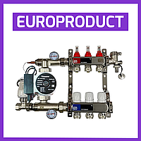 Коллектор для теплого пола в сборе с насосом на 3 контура EUROPRODUCT (Чехия) нержавеющая сталь