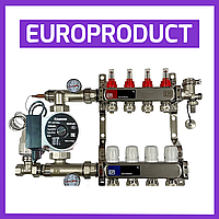 Коллектор для теплого пола в сборе с насосом на 4 контура EUROPRODUCT (Чехия) нержавеющая сталь