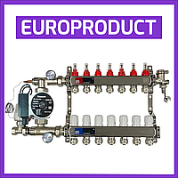 Коллектор для теплого пола в сборе с насосом на 7 контуров EUROPRODUCT (Чехия) нержавеющая сталь