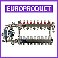 Коллектор для теплого пола в сборе с насосом на 8 контуров EUROPRODUCT (Чехия) нержавеющая сталь