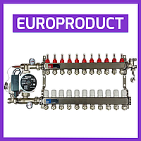 Коллектор для теплого пола в сборе с насосом на 11 контуров EUROPRODUCT (Чехия) нержавеющая сталь