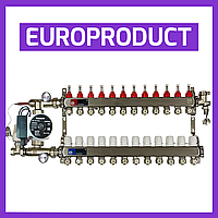 Коллектор для теплого пола в сборе с насосом на 12 контуров EUROPRODUCT (Чехия) нержавеющая сталь