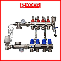 Коллектор для теплого пола в сборе на 4 контура KOER (Чехия) латунь