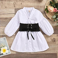 Детское платье рубашка с поясом на девочку, цвет белый. Туника с корсетом для детей