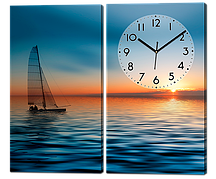 Модульна картина з годинником з двох частин Вітрильник ( море, захід сонця )