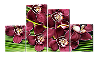Модульная картина Бордовые орхидеи на зеленом фоне Искусственный холст, 146x108