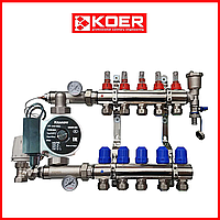 Коллектор для теплого пола в сборе с насосом на 5 контуров KOER (Чехия) латунь