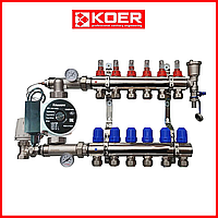 Коллектор для теплого пола в сборе с насосом на 6 контуров KOER (Чехия) латунь