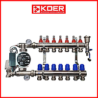 Коллектор для теплого пола в сборе с насосом на 7 контуров KOER (Чехия) латунь