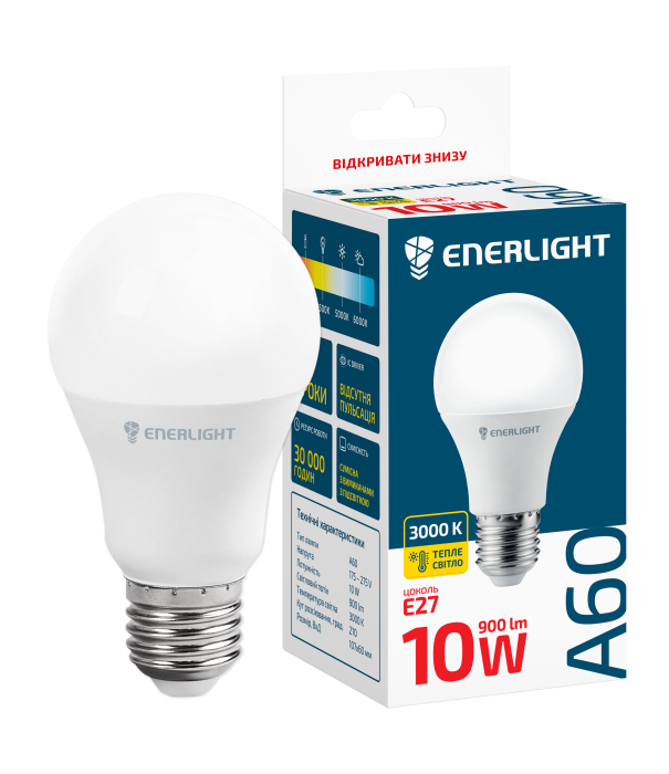 LED лампа світлодіодна ENERLIGHT A60 10W 3000K E27 (A60E2710SMDWFR)