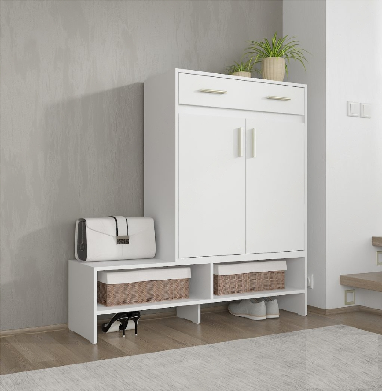 Тумба взуттєва для передпокою двохдверна з висувними ящиками та закритими полицями Тумби під взуття з ДСП, фото 1