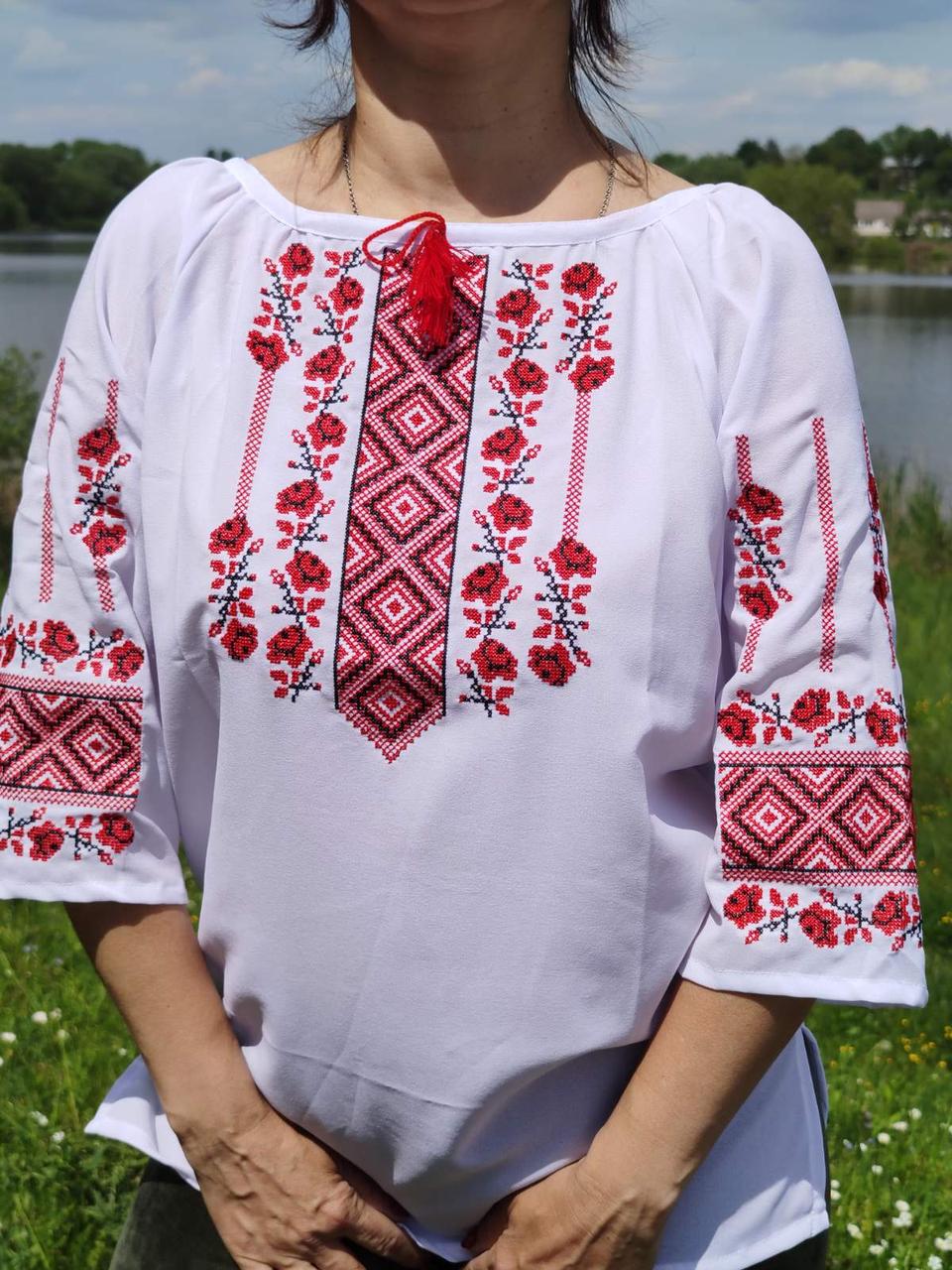 Вишиванка жіноча на шифоні "Цвіт троянд" рукав 3/4, 42-52 р-ри, фото 1