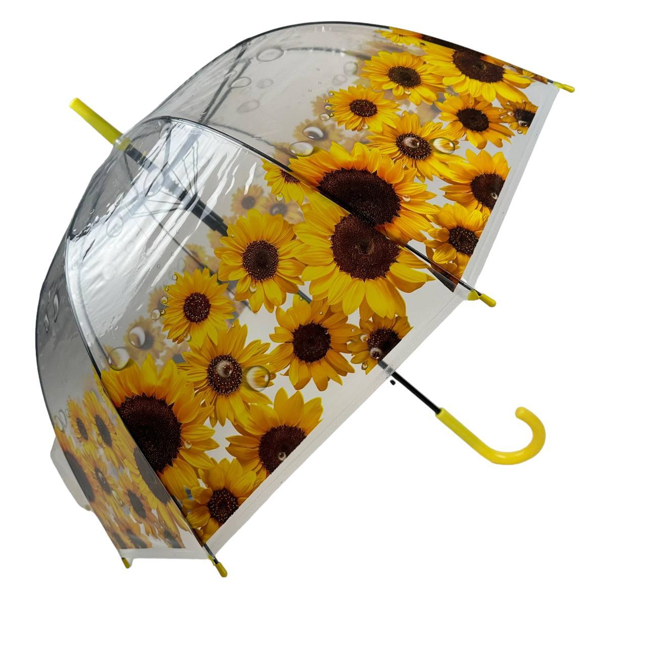 Прозора парасоля-тростина з зображенням квітів, напівавтомат від фірми Mario, жовта ручка 0211-5