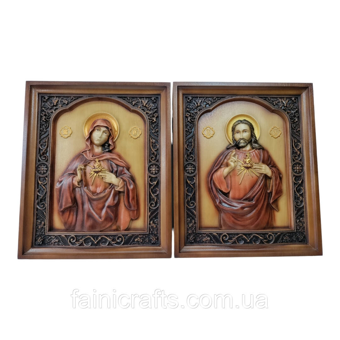 Пара икон Святейшего Сердца Иисуса и Непорочного Сердца Марии, венчальная пара, икона из дерева 30х21см - фото 1 - id-p1856406605