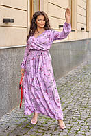 Довга жіноча сукня з декольте на запах, квітковим принтом та поясом з 50 по 56 розмір