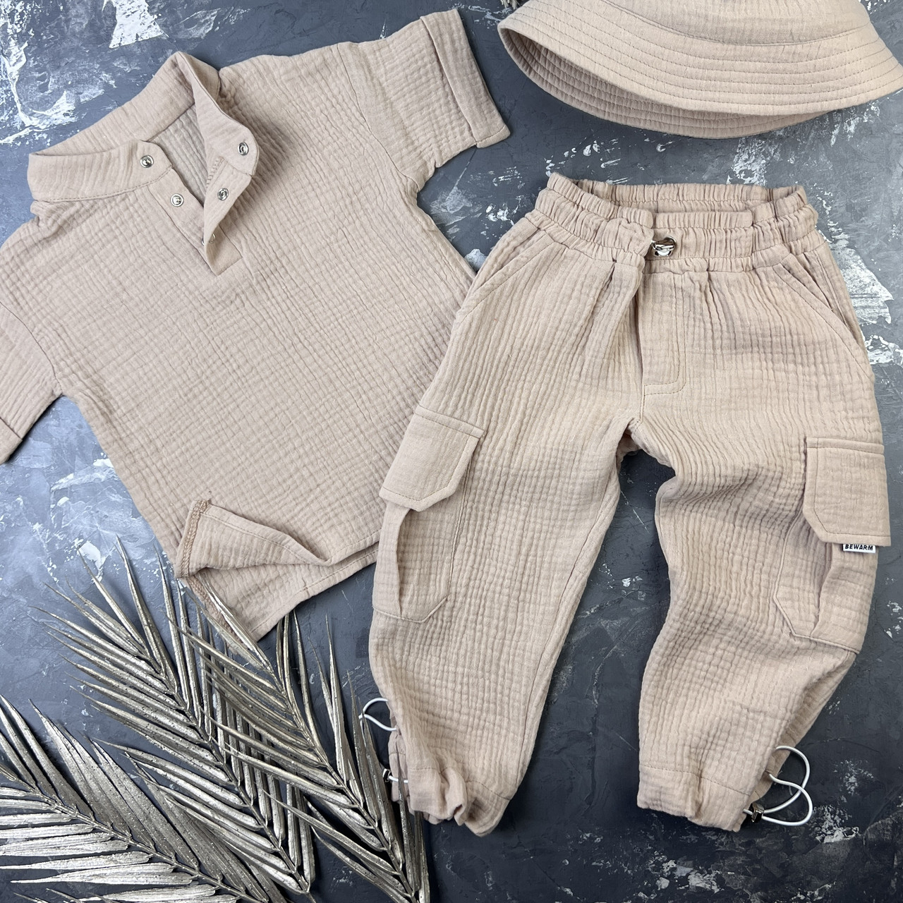 Мусліновий літній костюм дитячий muslin cotton BEWARM штани + футболка + панамка Бежевий