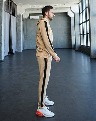 Чоловічий спортивний костюм весна осінь бежевий із лампасами стильний молодіжний костюм худі та штани на хлопця, фото 3