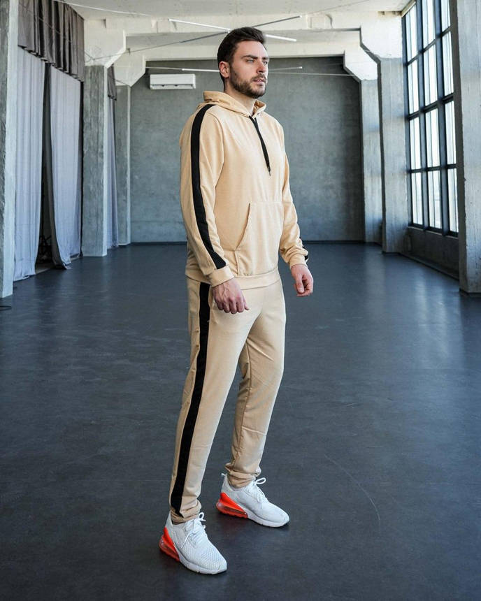Чоловічий спортивний костюм весна осінь бежевий із лампасами стильний молодіжний костюм худі та штани на хлопця, фото 1
