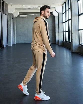 Чоловічий спортивний костюм весна осінь бежевий із лампасами стильний молодіжний костюм худі та штани на хлопця, фото 4