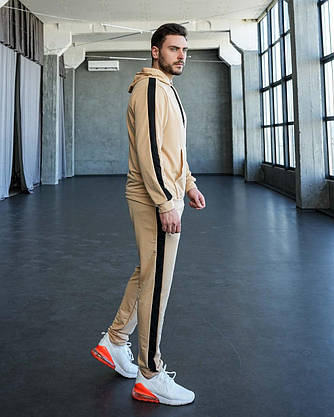 Чоловічий спортивний костюм весна осінь бежевий із лампасами стильний молодіжний костюм худі та штани на хлопця, фото 5