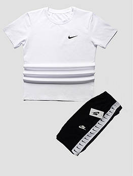 Чоловічий літній костюм Nike Футболка + Шорти чорно-білий комплект Найк із лампасами