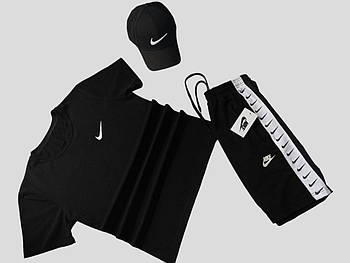 Чоловічий літній костюм Nike Футболка + Шорти + Кепка чорний комплект Найк із лампасами