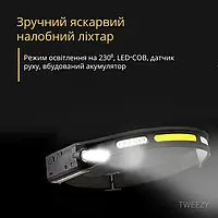 Легкий налобный фонарь LED+COB с датчиком движения и красным светом (черный)