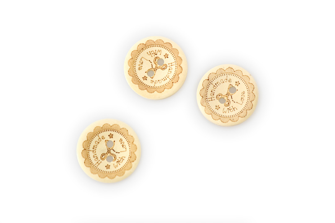 Гудзик дерев'яний "Hand made with love" з ножицями, 20мм, фото 1