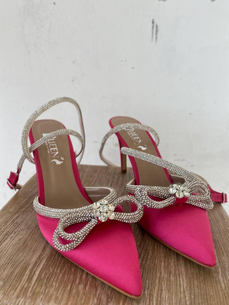 Туфли женские на каблуке атласные с бантиком и стразами Розовый, 37 - фото 3 - id-p1856666394