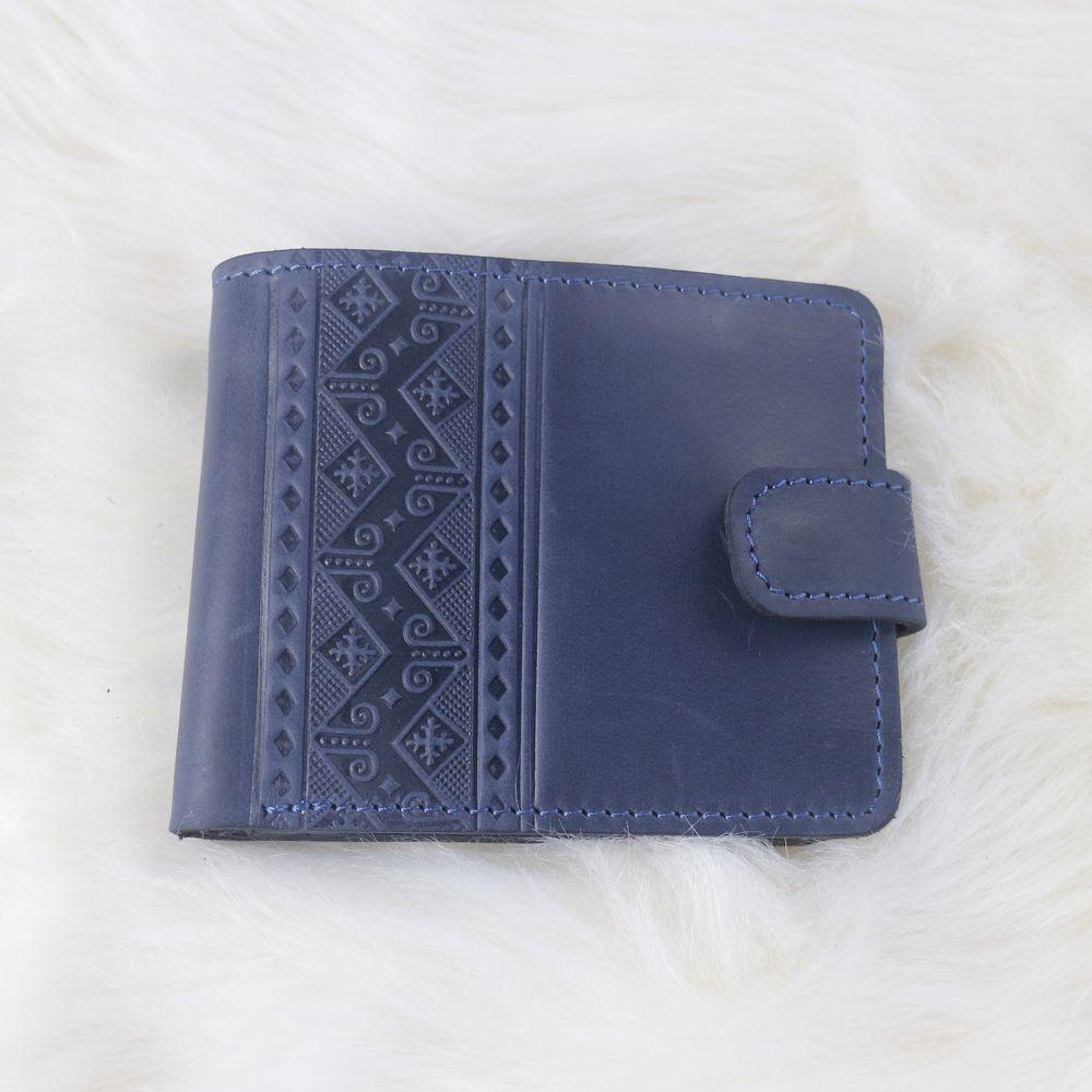 Гаманець для грошей на кнопці з монетницею та відділеннями для карт "Смужка" з натуральної шкіри ручної роботи, фото 1