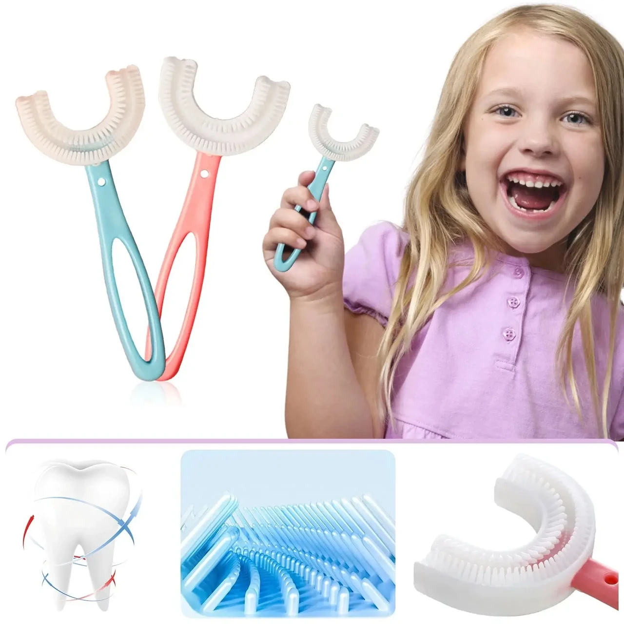 Дитяча U-подібна зубна щітка капа для дітей на 360 градусів Рожева (діаметр 4,5)