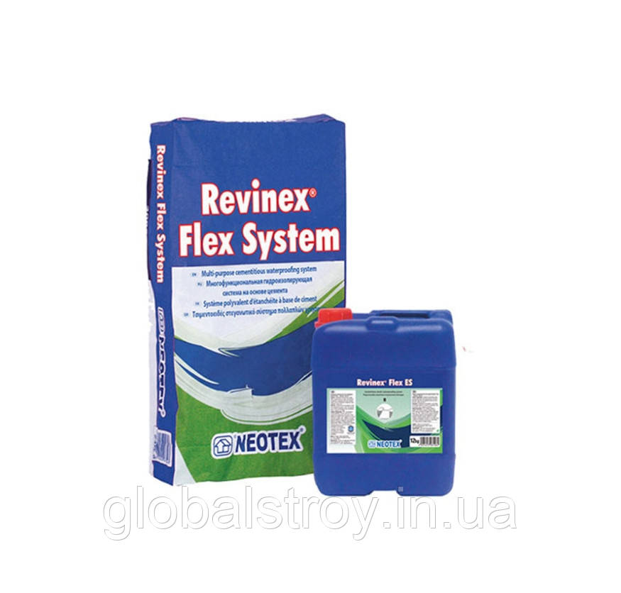 Високоеластична полімерцементна гідроізоляція Neotex Revinex Flex System ES (А+В) комплект 37 кг сірий, фото 1