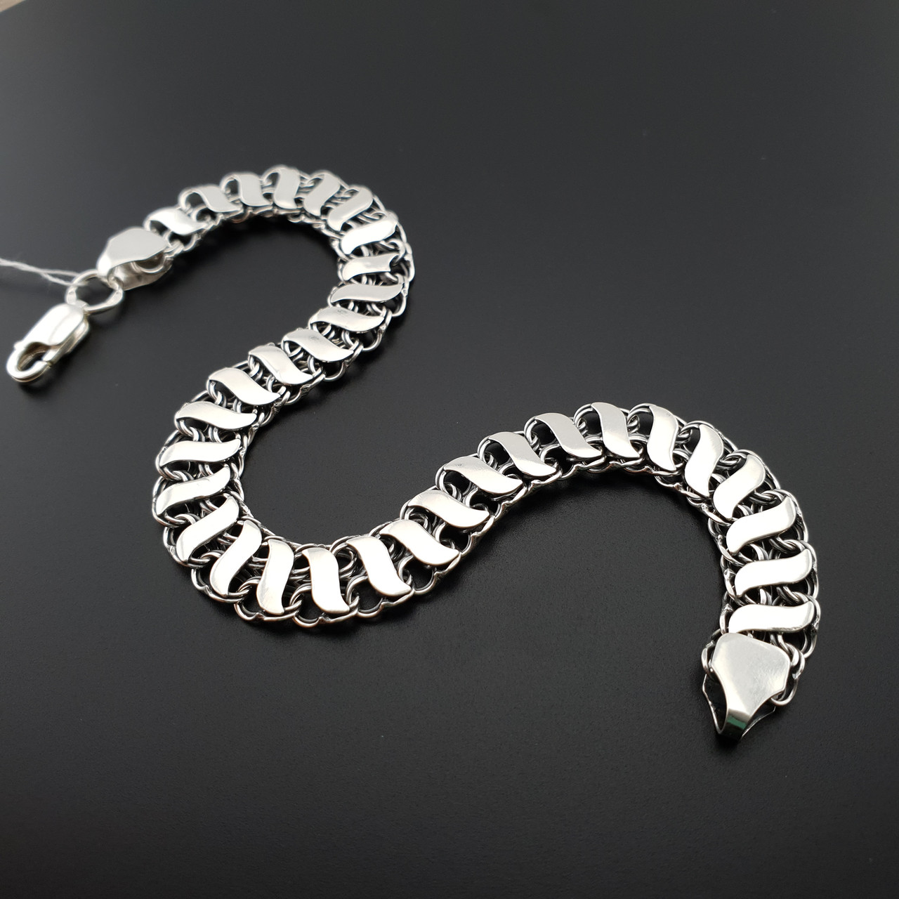 Срібний браслет чоловічий з накладками. Широкий браслет бісмарк подвійний з чорненого срібла 925 проби. 23,5 см, фото 1