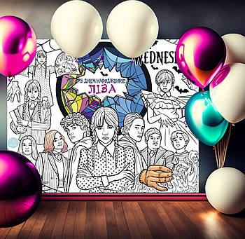 Мега розмальовка іменна фотозона банер на День народження Венсдей / Wednesday  120х150 см