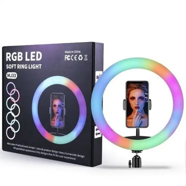 Кольцевая LED лампа RGB MJ26 (26 см) с креплением для телефона и пультом управления светодиодная на 12 цветов