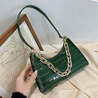 Женская маленькая сумка рептилия багет крокодиловая кожа с цепочкой зеленая