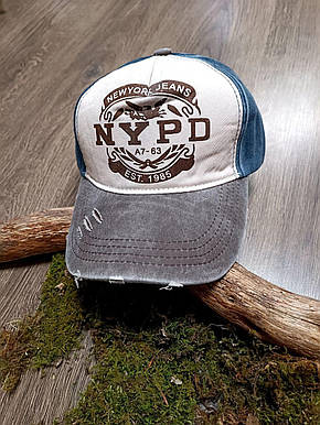 Кепка Бейсболка Чоловіча жіноча джинсова потерта NYPD синя з бежевим, фото 4