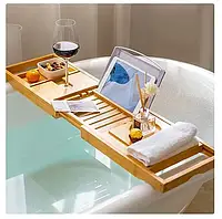 Розсувна дерев'яна полиця - піднос органайзер для ванни, накладка на ванну з бамбука з книжковим планшетом UrbanKit