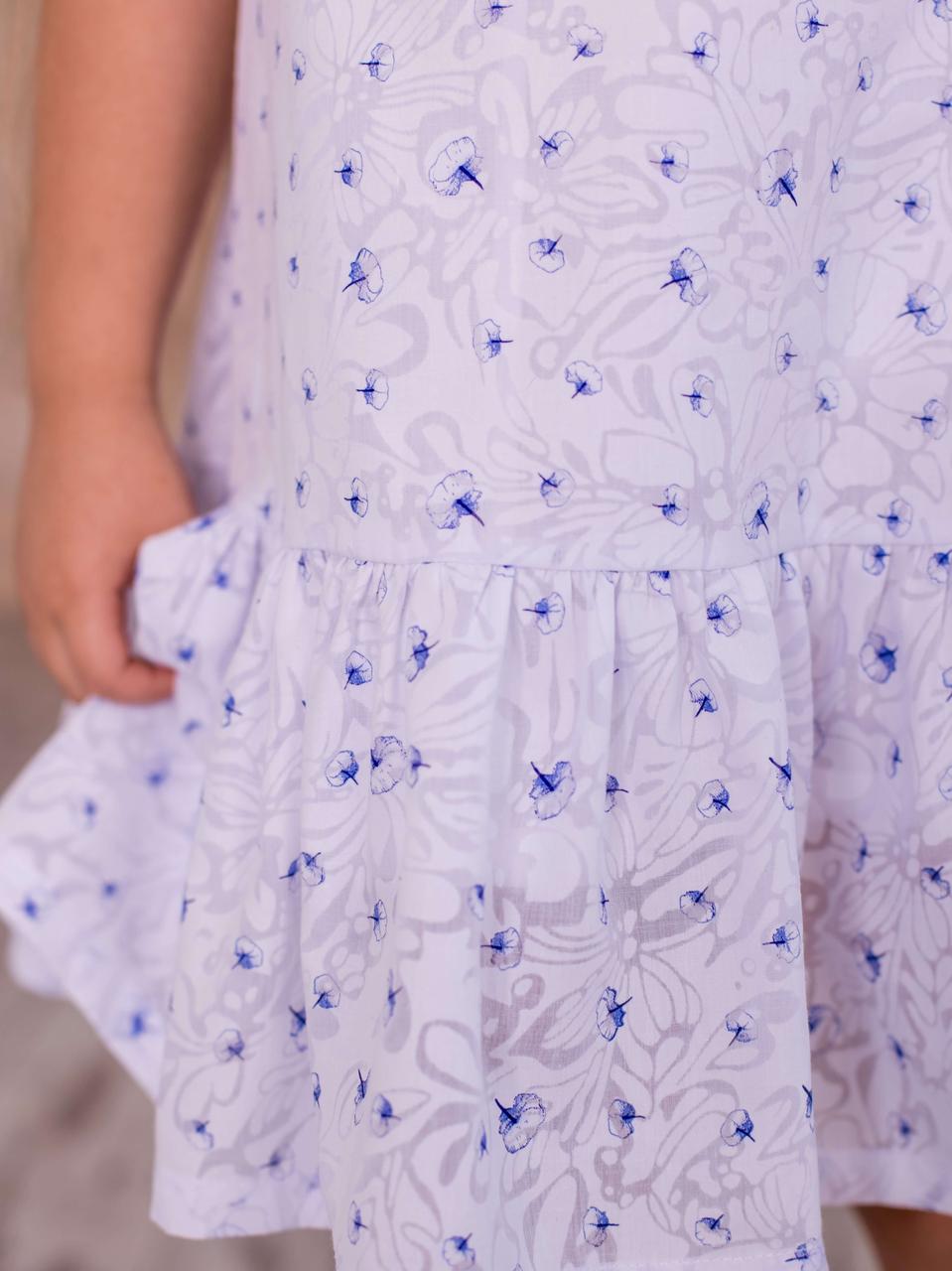 Купить Летнее платье для девочки BIGU с оборкой Белое в синие цветочки ...