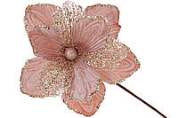 Декоративный цветок на елку розовая магнолия с золотым глиттером 19 см