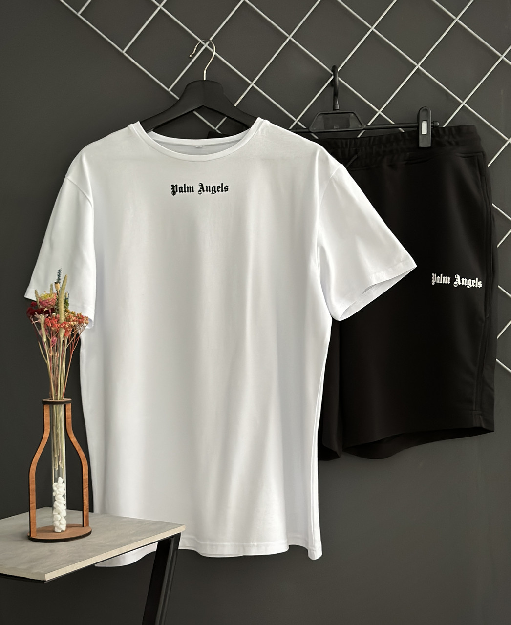 Футболка шорти комплект Palm Angels спортивний костюм чоловічий на літо палм ангелс білий-чорний, фото 1