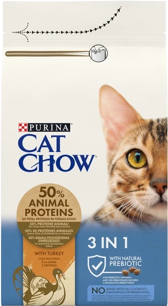Сухий корм для котів Purina Cat Chow Feline 3-in-1 з формулою потрійної дії з індичкою 1.5 кг